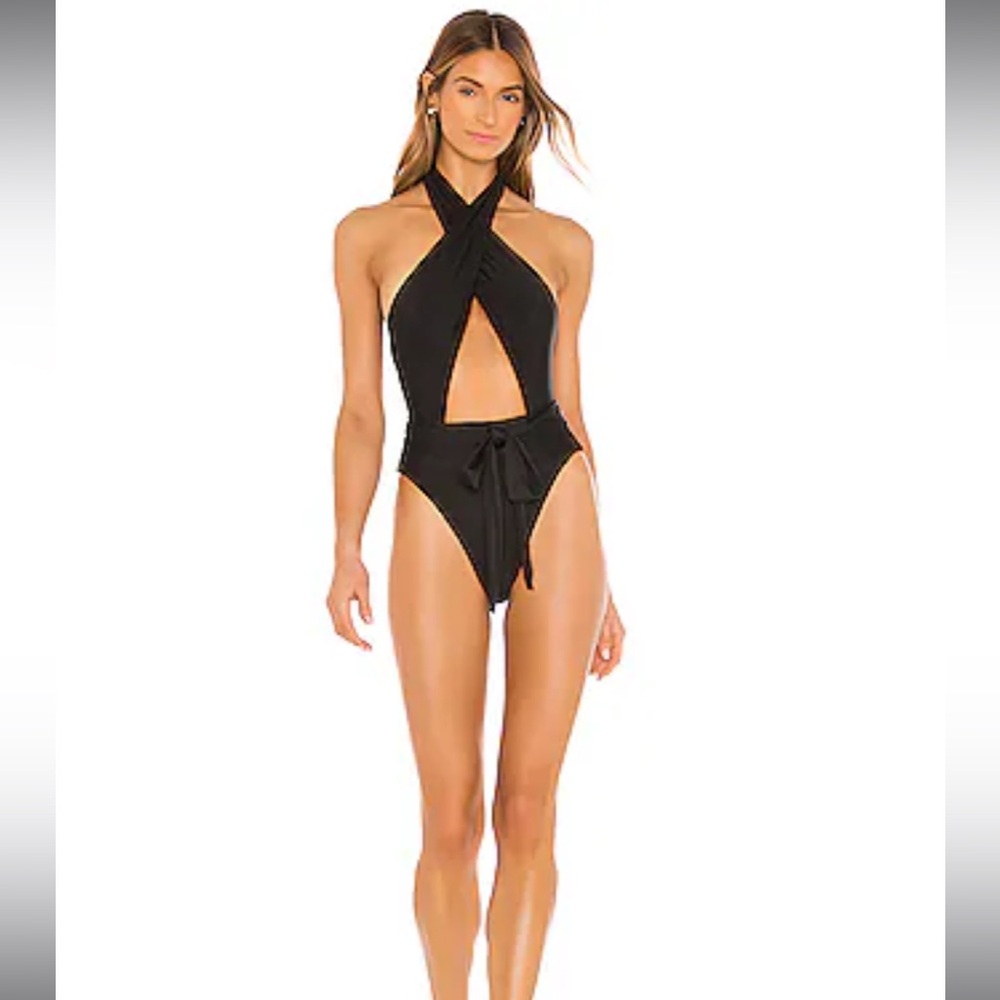 Black one piece bikini with deep vneck. Top can be worn two ways! Size small